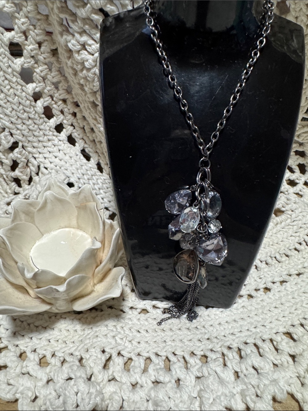 Gunmetal Chain Necklace with Clear Crystal Cluster Pendant